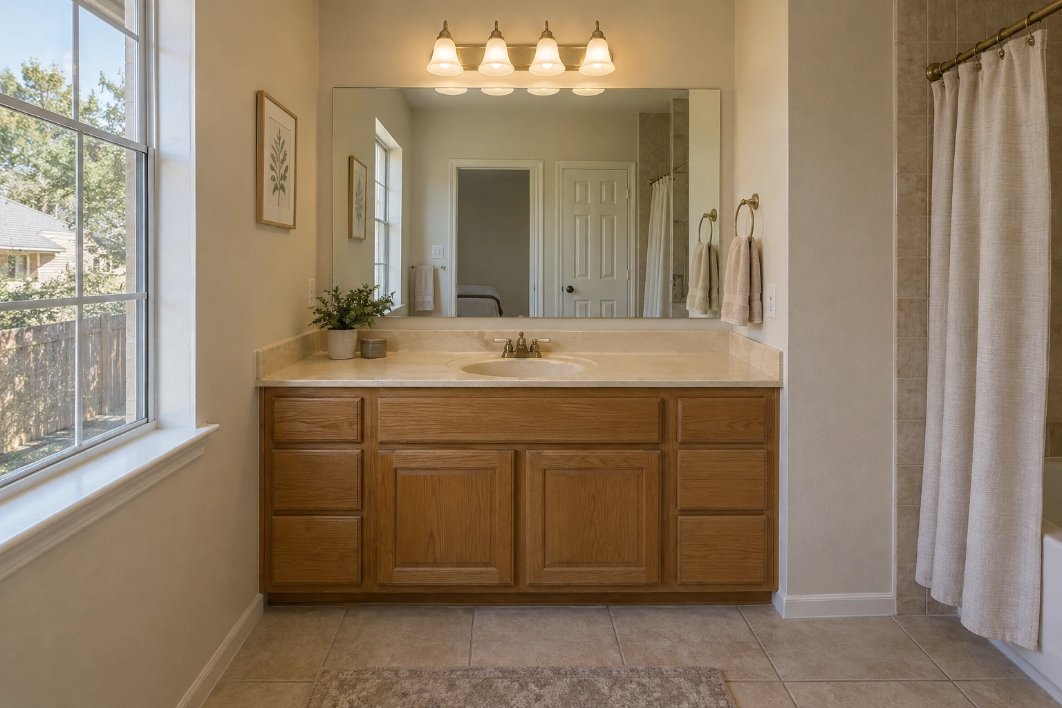 Bathroom vanity with a golden oak raised panel base, a beige cultured marble top with an integrated oval basin and a brass light bar