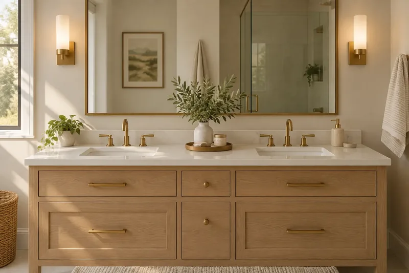 Double vanity in white oak with a white stone top, two rectangular undermount basins and brass taps