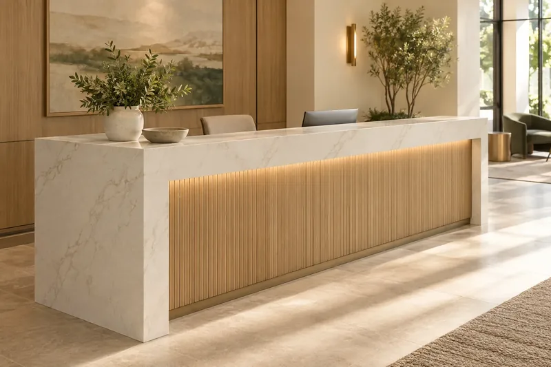 Office reception desk with a thick white stone waterfall top over lit fluted oak panelling