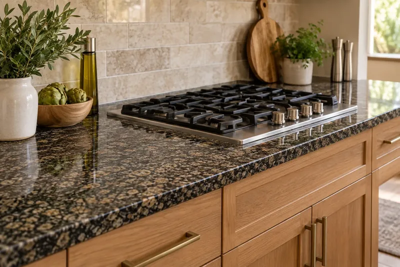 Dark speckled granite counter with a stainless gas cooktop set into it, above white oak cabinets
