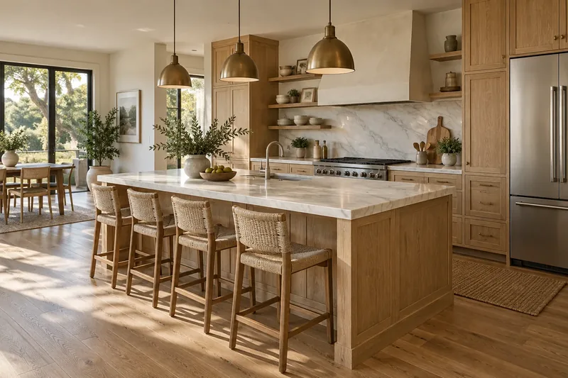 White oak kitchen with a large stone island, woven bar stools and brass dome pendants