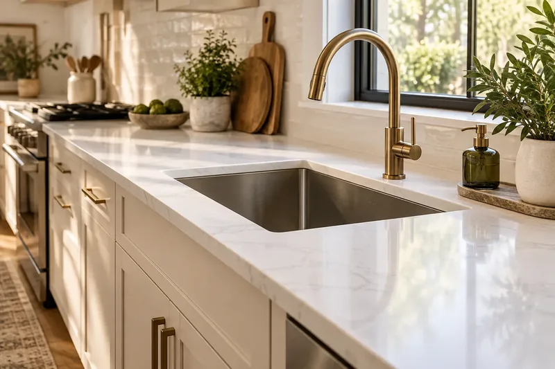 White quartz counter run with faint grey veining, a stainless undermount sink and a brass gooseneck faucet