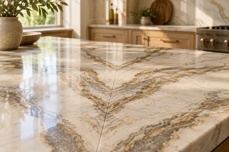 Quartzite counter with gold and grey veining book-matched so the pattern mirrors across the seam