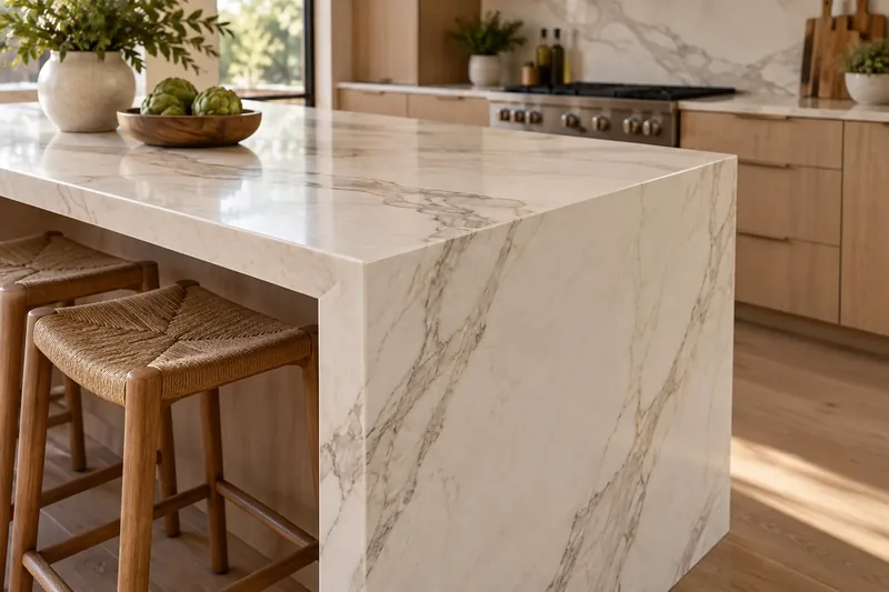 Island with a mitred waterfall end, the veining running unbroken over the corner and down to the floor