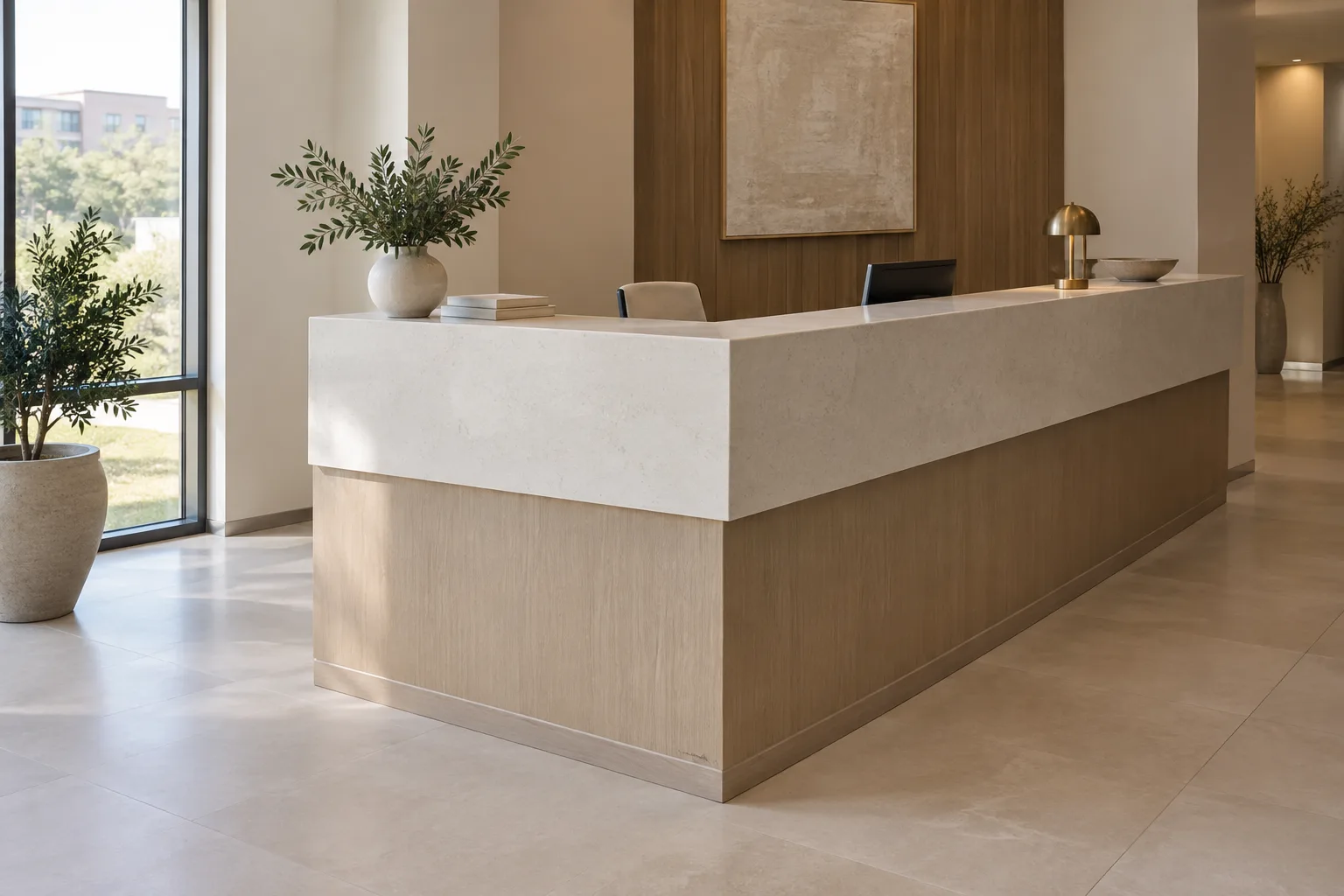 Reception desk with a thick white stone waterfall top over white oak panelling in an office lobby