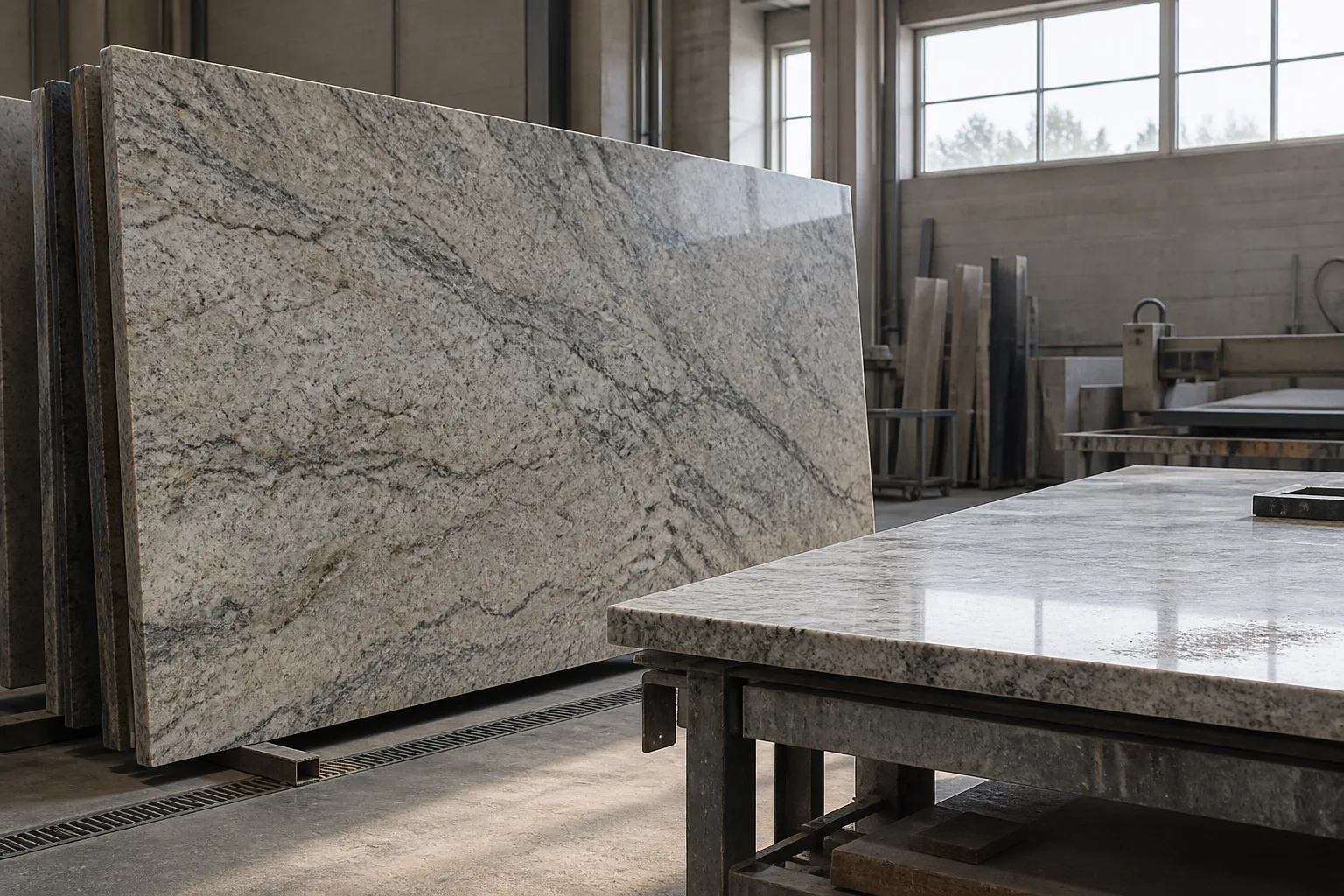 Veined stone slabs racked in a fabrication shop beside a cut countertop with a sink opening on the bench