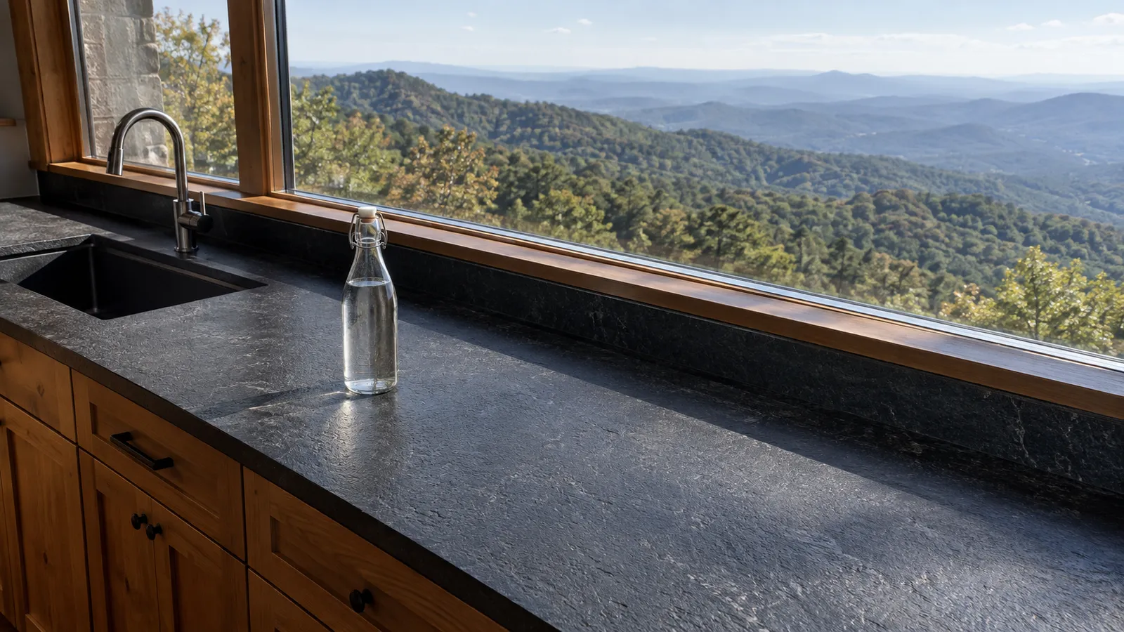 Dark leathered granite counter with an undermount sink and one glass bottle along a long picture window over forested mountain ridges fading into haze
