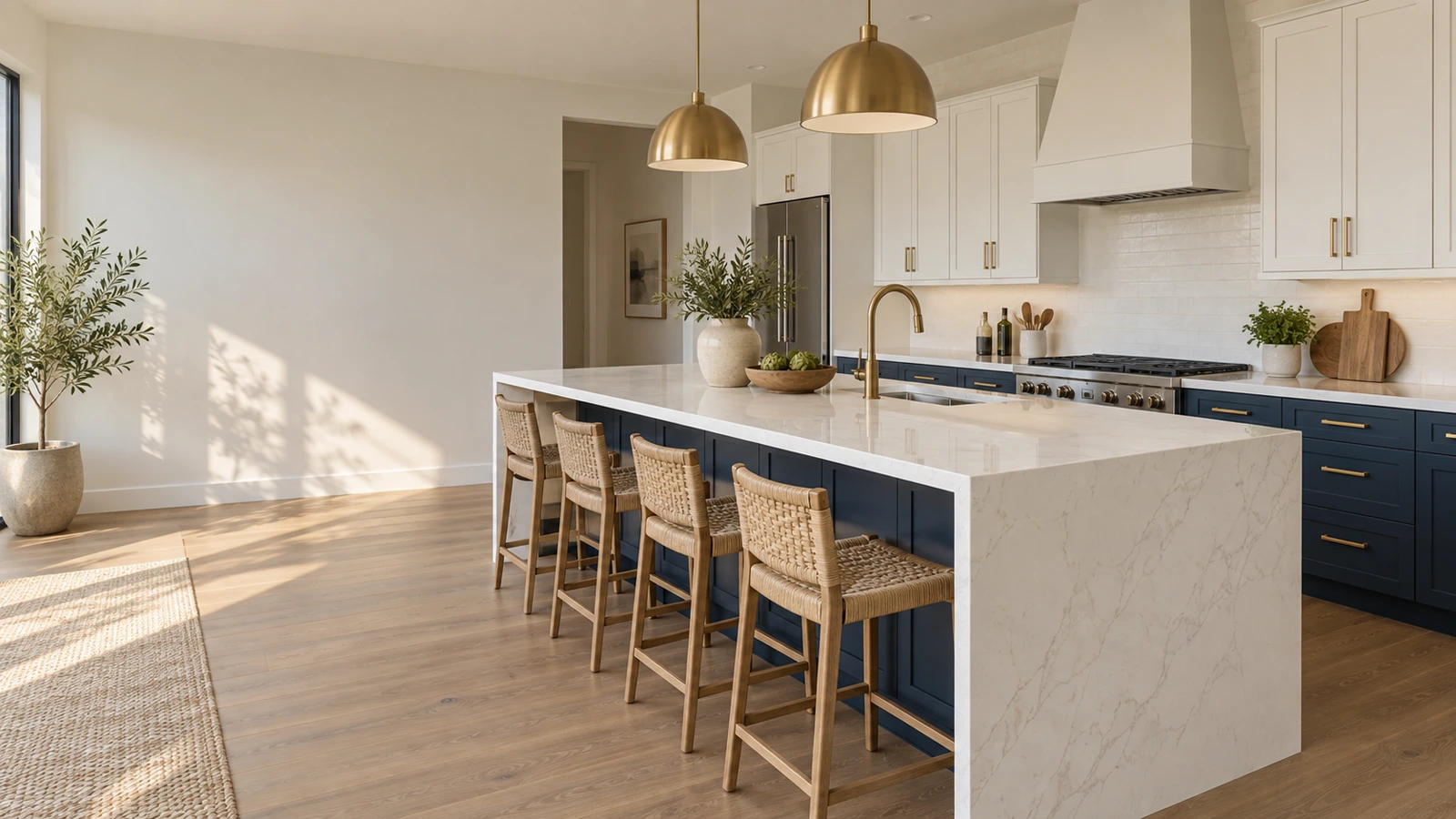 Kitchen with a white quartz waterfall island, navy shaker cabinets and brass pendant lights
