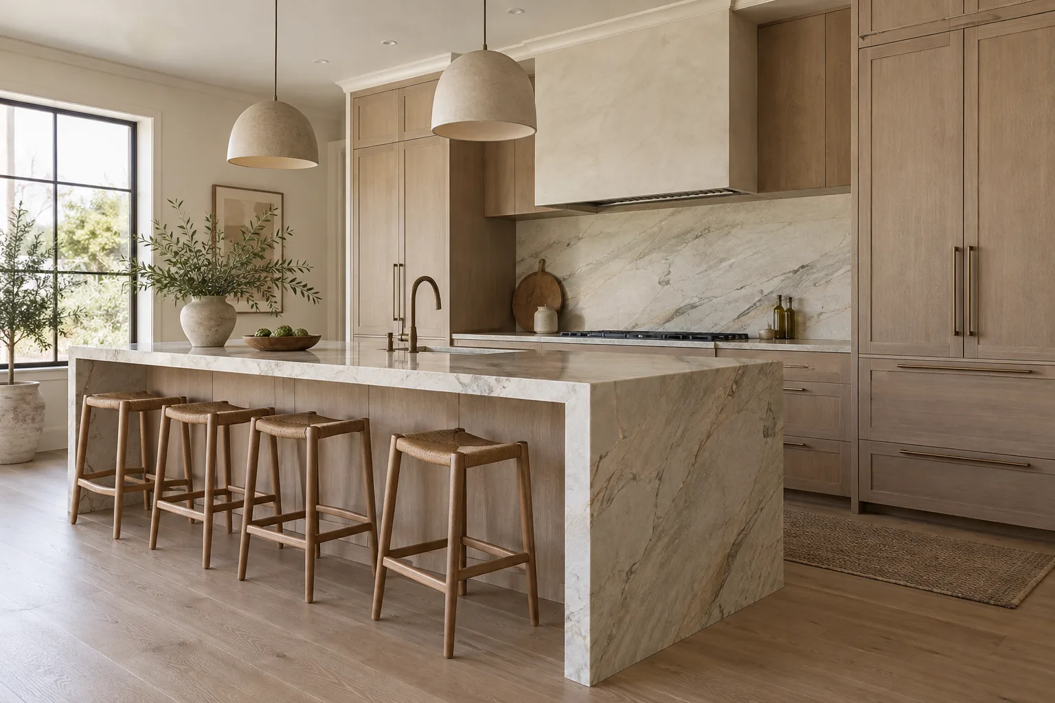 White oak kitchen with a heavily veined stone waterfall island, a matching full height backsplash and woven bar stools