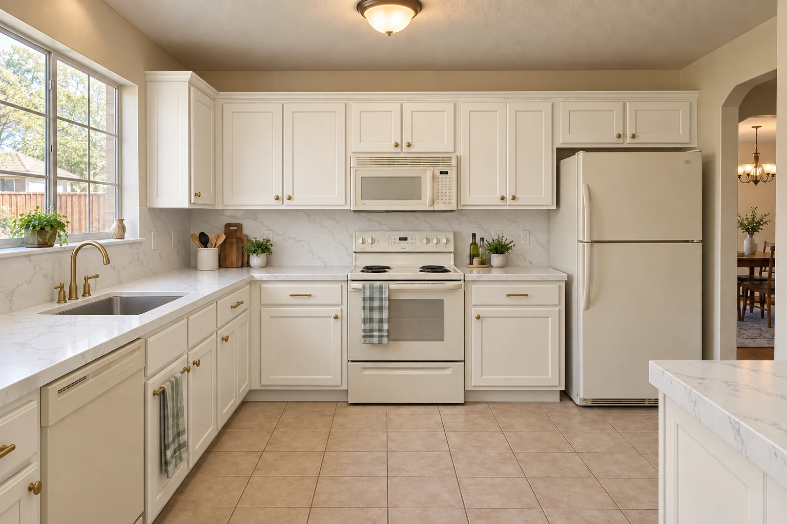 The same kitchen with white cabinets, a white quartz counter, a matching backsplash and a brass faucet