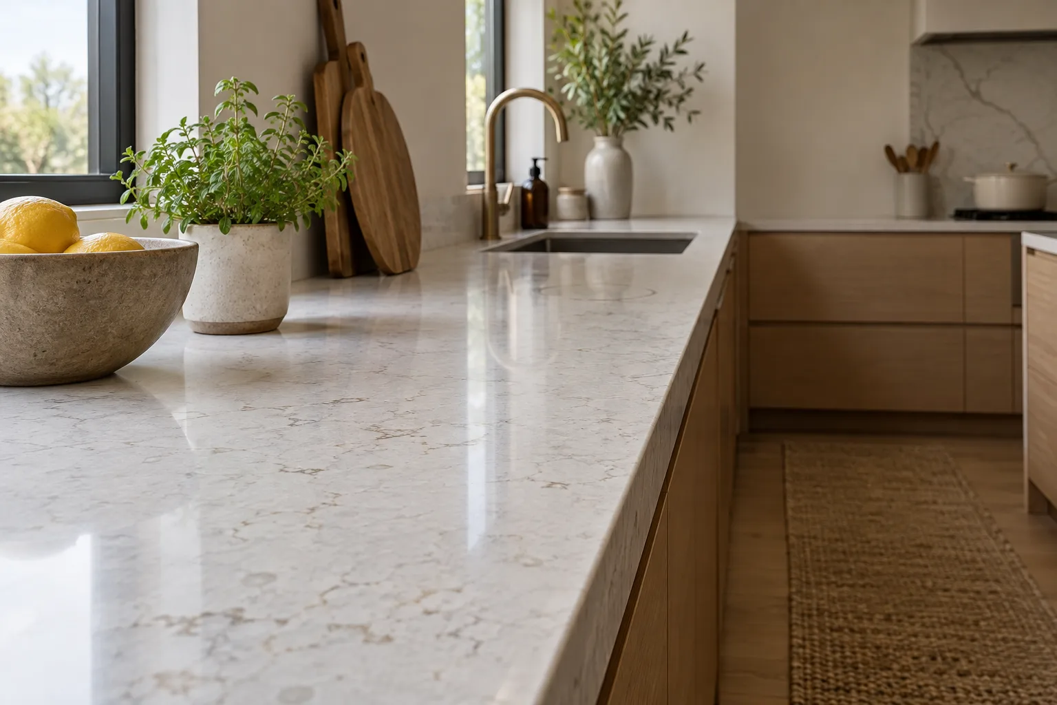Polished white quartz run photographed along its squared edge, with an undermount sink and white oak flat panel cabinets