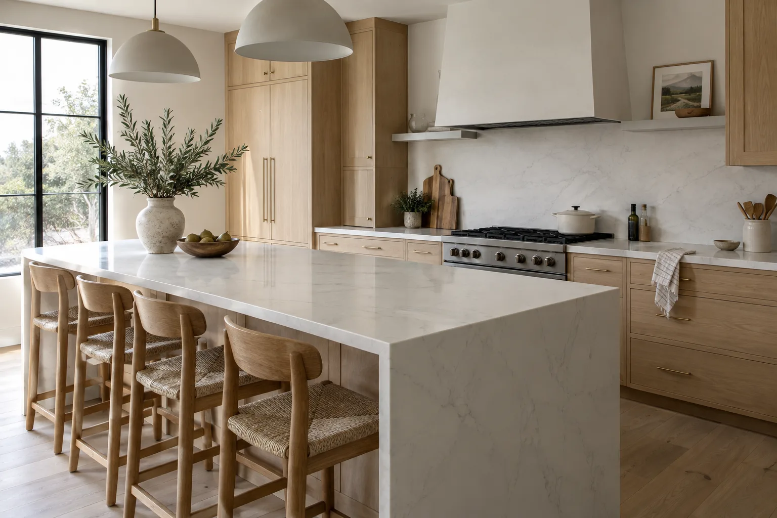 White quartz island photographed at three-quarters