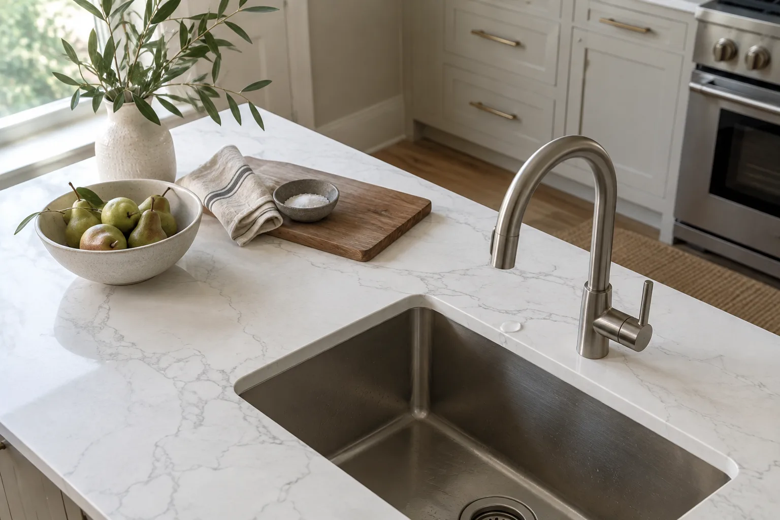 White quartz island with soft grey veining, a stainless undermount sink and a brushed nickel pull-down faucet